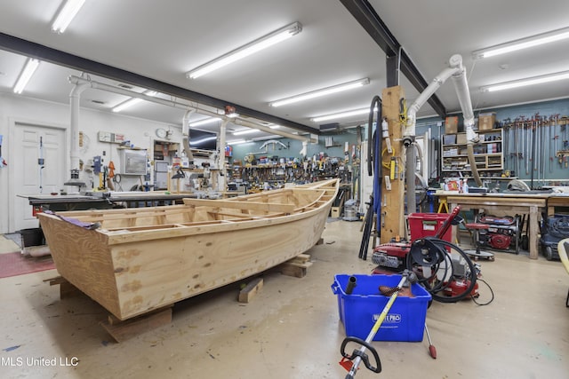 garage with a workshop area