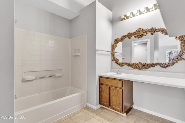 bathroom featuring shower / bathing tub combination, vanity, and tile patterned flooring