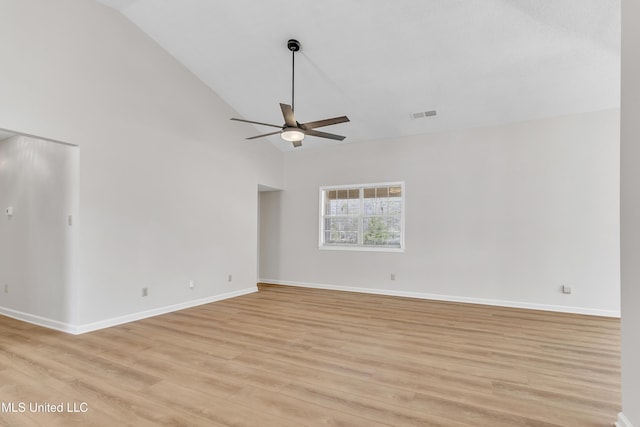 unfurnished room with light wood-type flooring, visible vents, baseboards, and ceiling fan