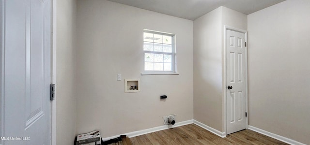 laundry room featuring laundry area, washer hookup, wood finished floors, baseboards, and electric dryer hookup