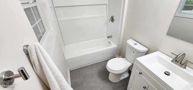 full bath with toilet, vanity, and bathing tub / shower combination