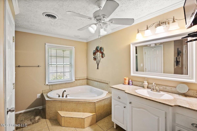 5967 Huntview Dr, Jackson, MS 39206 - full bath featuring tile patterned flooring, vanity, a bath, a textured ceiling, and ornamental molding
