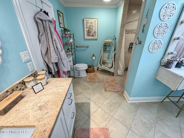 1802 Robinson St, Natchez, MS 39120 - full bathroom with toilet, vanity, ornamental molding, a walk in shower, and baseboards