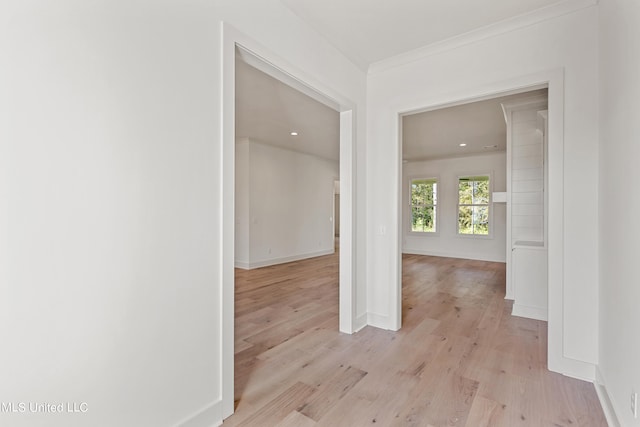 hallway featuring crown molding and light wood-type flooring