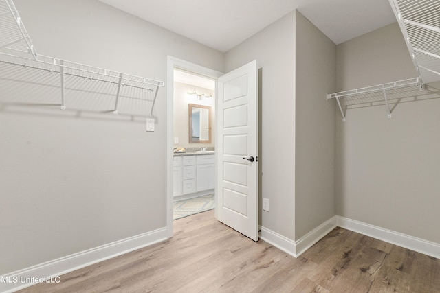 walk in closet with light wood-type flooring and a sink