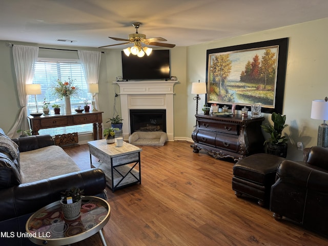 living room with ceiling fan and hardwood / wood-style floors