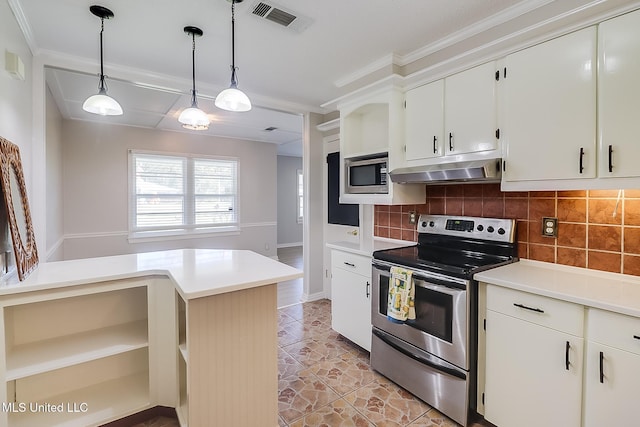 kitchen featuring pendant lighting, white cabinets, crown molding, tasteful backsplash, and stainless steel appliances