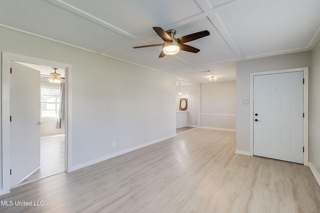 unfurnished room with ceiling fan and light wood-type flooring