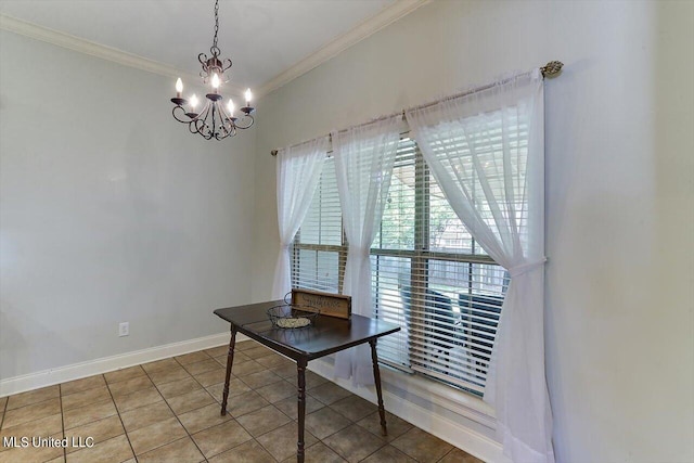 dining room with tile patterned floors, a notable chandelier, and ornamental molding