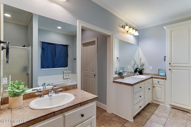 bathroom with vanity, crown molding, tile patterned flooring, and an enclosed shower