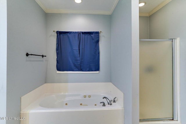 bathroom with ornamental molding and plus walk in shower