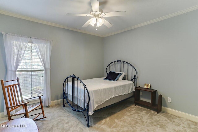 bedroom featuring multiple windows, ornamental molding, light colored carpet, and ceiling fan