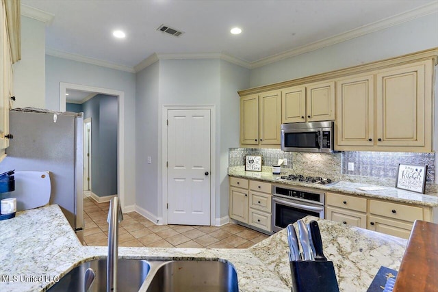 kitchen with ornamental molding, decorative backsplash, light stone countertops, and stainless steel appliances