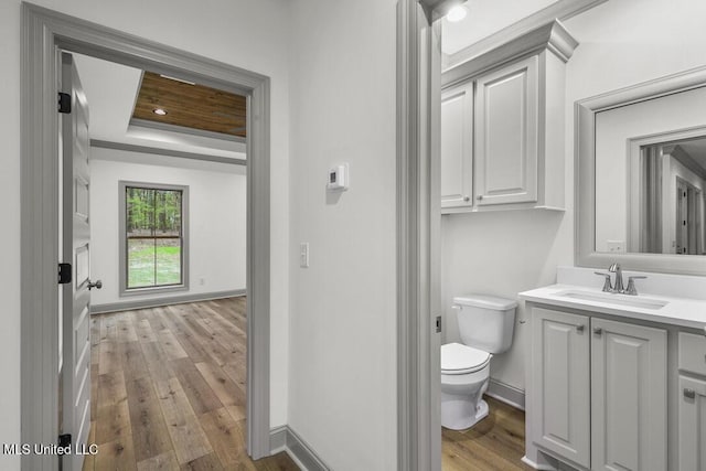 115 Grayson Way, Madison, MS 39110 - bathroom with hardwood / wood-style flooring, toilet, baseboards, vanity, and a tray ceiling