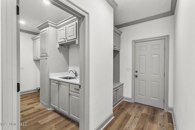 115 Grayson Way, Madison, MS 39110 - laundry room featuring a sink, crown molding, and dark wood-style flooring
