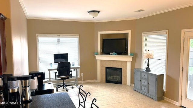14291 Buttercup Dr, Olive Branch, MS 38654 - office space with crown molding, baseboards, a fireplace, and light tile patterned floors