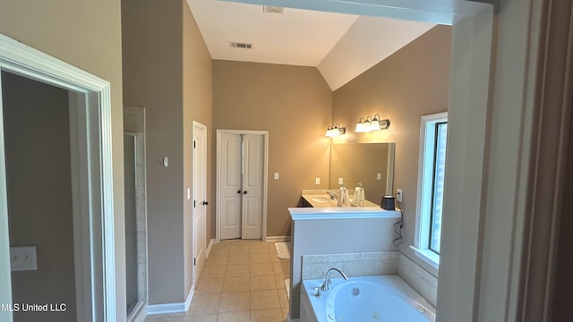 14291 Buttercup Dr, Olive Branch, MS 38654 - full bathroom with vanity, tile patterned flooring, a whirlpool tub, a shower stall, and baseboards