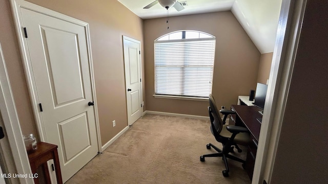 14291 Buttercup Dr, Olive Branch, MS 38654 - office area with a ceiling fan, light carpet, lofted ceiling, and baseboards
