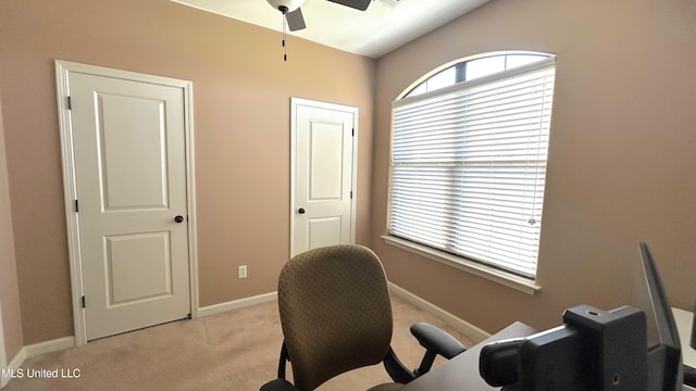 14291 Buttercup Dr, Olive Branch, MS 38654 - office featuring a ceiling fan, light colored carpet, and baseboards