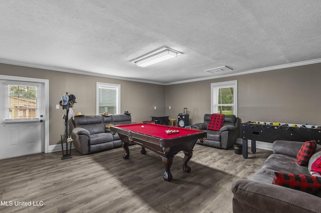 156 Cobbville Rd, Canton, MS 39046 - game room featuring a textured ceiling, wood finished floors, plenty of natural light, crown molding, and billiards