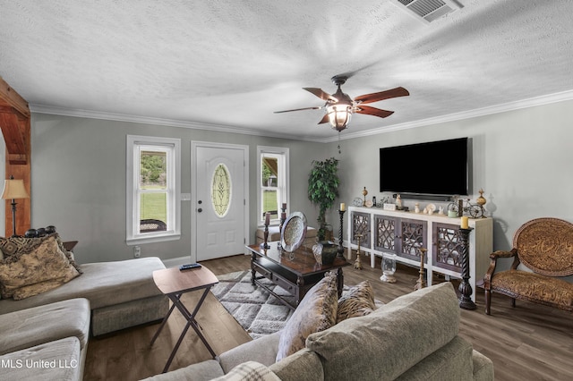 156 Cobbville Rd, Canton, MS 39046 - living room with ceiling fan, wood finished floors, crown molding, and a textured ceiling