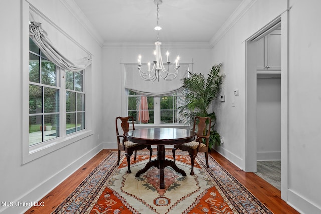 dining space featuring a wealth of natural light, ornamental molding, and wood-type flooring