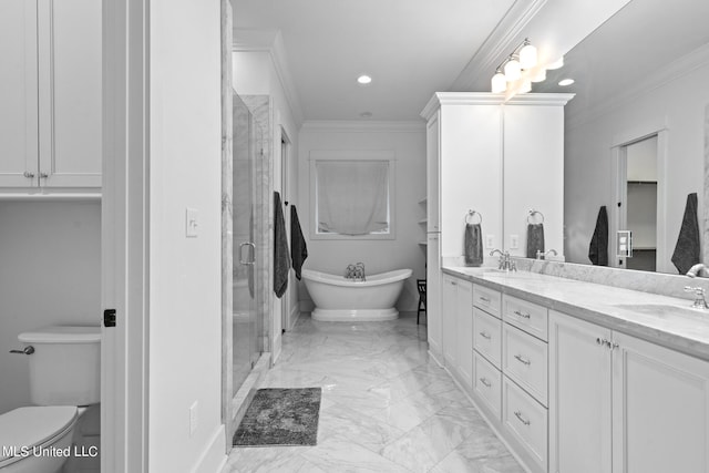 full bathroom with vanity, plus walk in shower, ornamental molding, and toilet