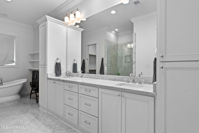 bathroom with vanity, plus walk in shower, and ornamental molding