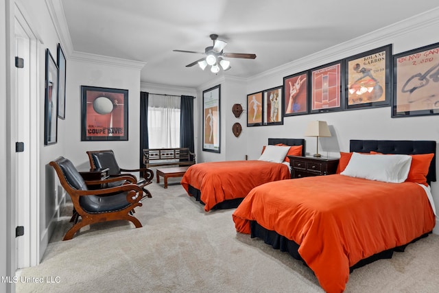 bedroom with ornamental molding, light colored carpet, and ceiling fan