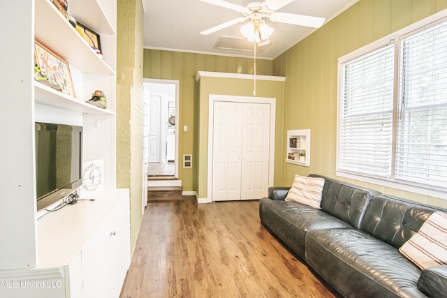 living room with crown molding, ceiling fan, light wood-style flooring, attic access, and baseboards
