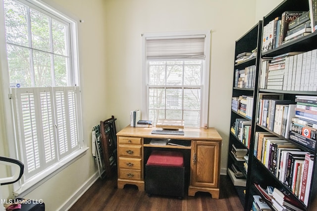 office featuring dark wood-type flooring and baseboards