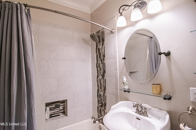 full bath featuring crown molding, a sink, heating unit, and shower / bath combination with curtain