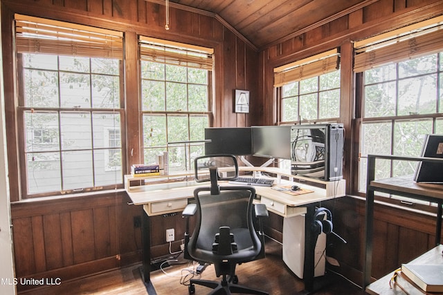 office space featuring wood finished floors, wood ceiling, lofted ceiling, and wooden walls