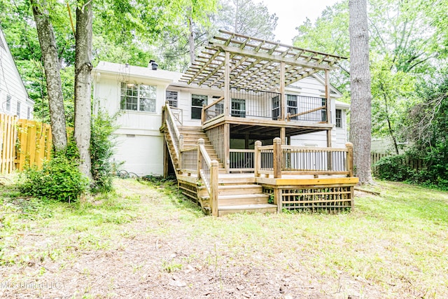 rear view of property featuring fence, a pergola, a wooden deck, stairs, and crawl space