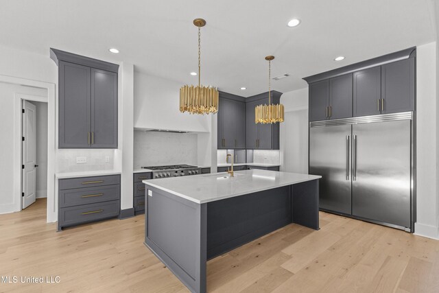 kitchen featuring stainless steel appliances, light countertops, hanging light fixtures, a kitchen island with sink, and a sink