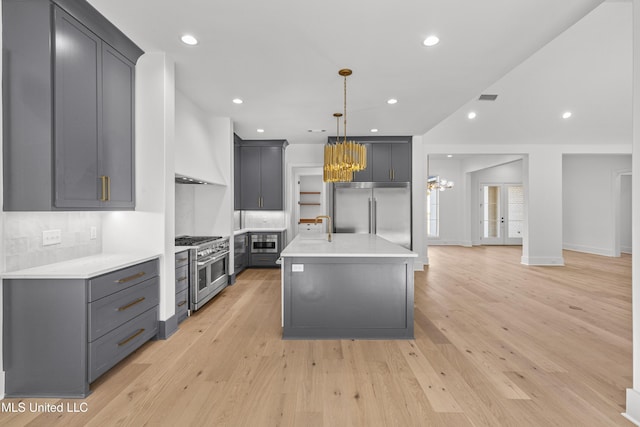 kitchen featuring high quality appliances, light countertops, hanging light fixtures, gray cabinets, and an island with sink