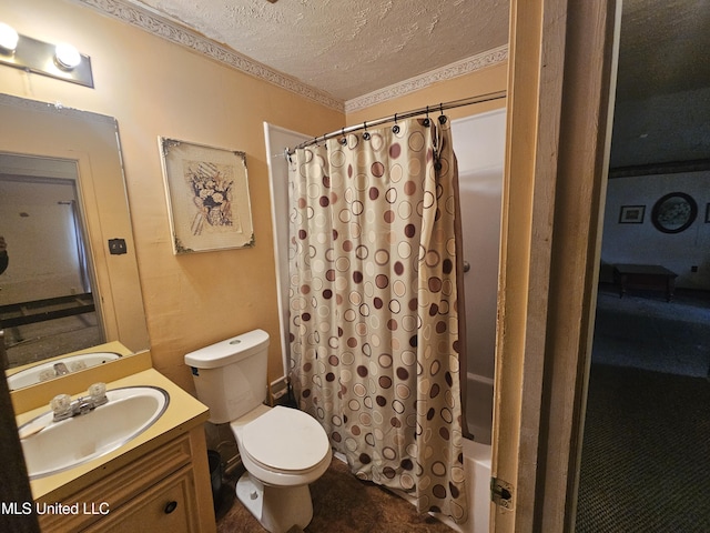 full bathroom with toilet, a textured ceiling, shower / bath combination with curtain, and vanity