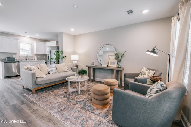 living room with sink and hardwood / wood-style floors