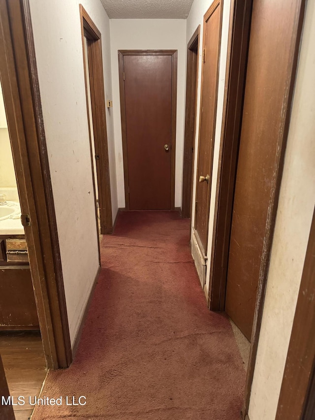 hall featuring carpet and a textured ceiling