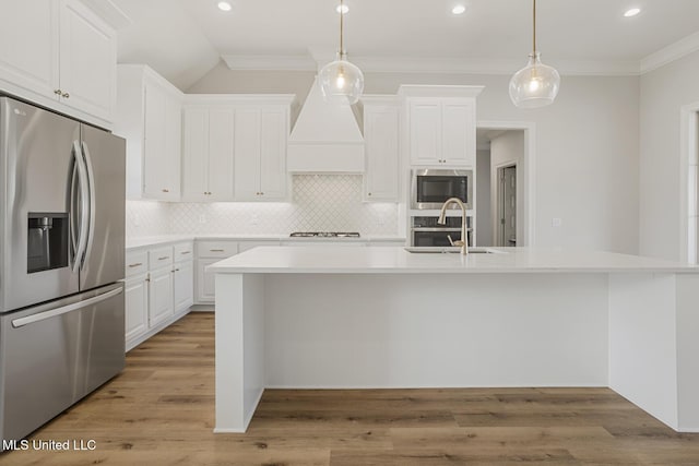 kitchen featuring a sink, white cabinetry, light countertops, stainless steel refrigerator with ice dispenser, and built in microwave