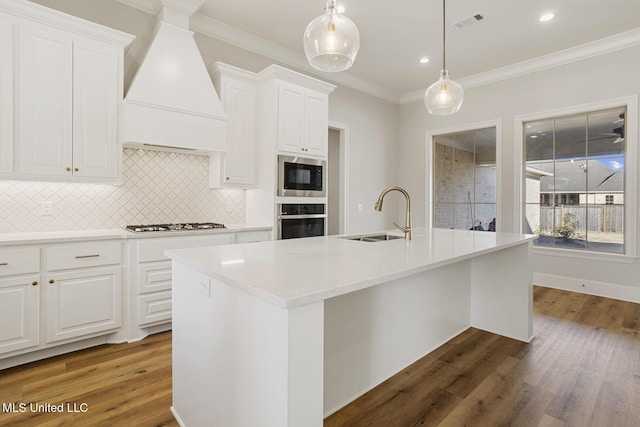 kitchen with white cabinets, an island with sink, custom exhaust hood, stainless steel appliances, and a sink