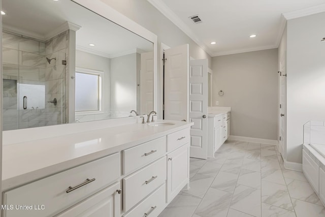 full bath featuring baseboards, visible vents, marble finish floor, crown molding, and vanity