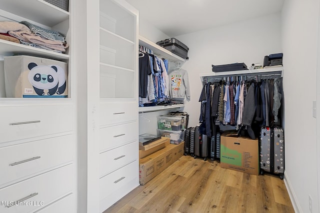 walk in closet with light wood-type flooring