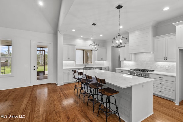 kitchen featuring premium range hood, wood finished floors, a center island, and stove