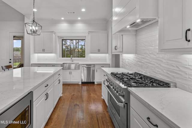 kitchen with stainless steel appliances, custom exhaust hood, plenty of natural light, and a sink