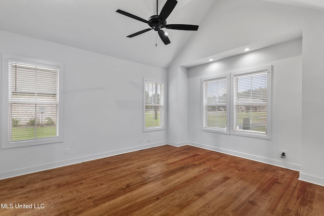 unfurnished room with ceiling fan, high vaulted ceiling, recessed lighting, wood finished floors, and baseboards
