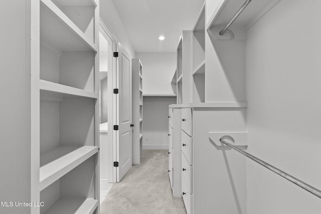 walk in closet featuring light carpet
