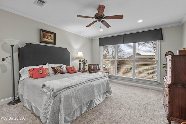 bedroom featuring visible vents, crown molding, baseboards, light colored carpet, and recessed lighting