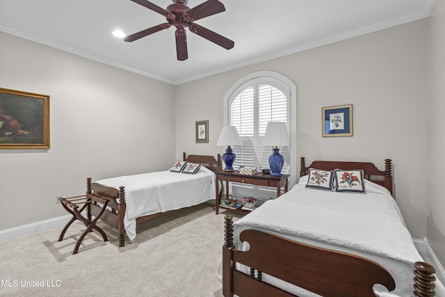 bedroom featuring carpet flooring, baseboards, and ornamental molding