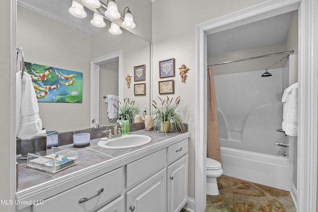 bathroom with vanity, toilet, and shower / tub combo with curtain